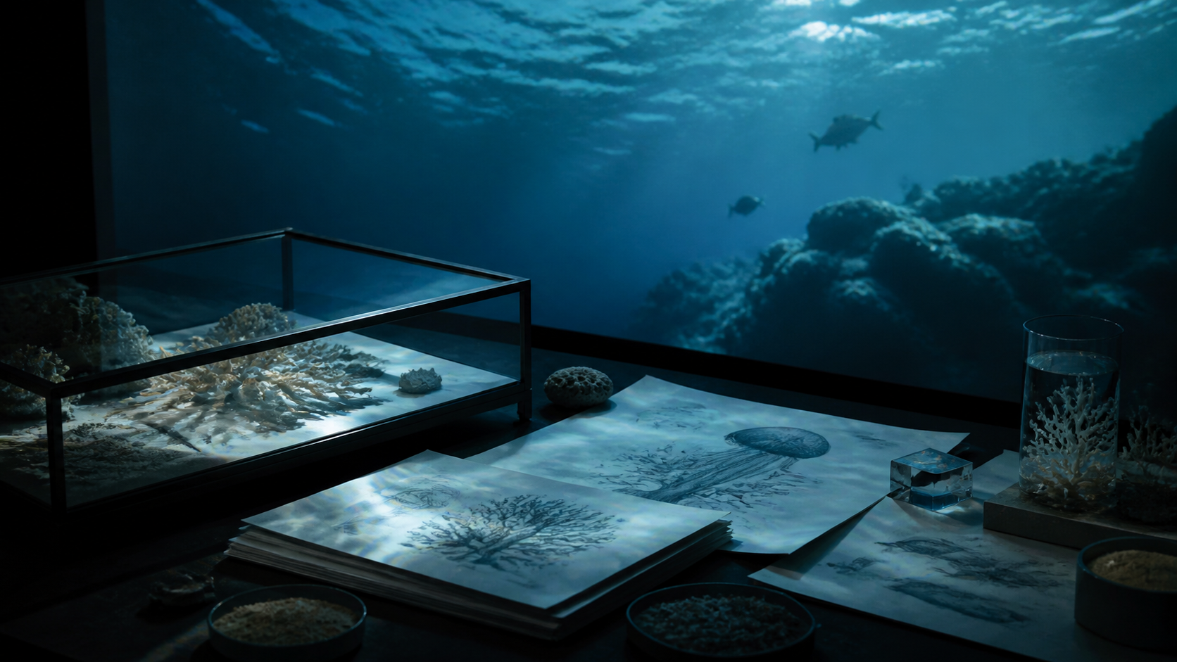 Editorial marine research table with specimens and ocean projection.
