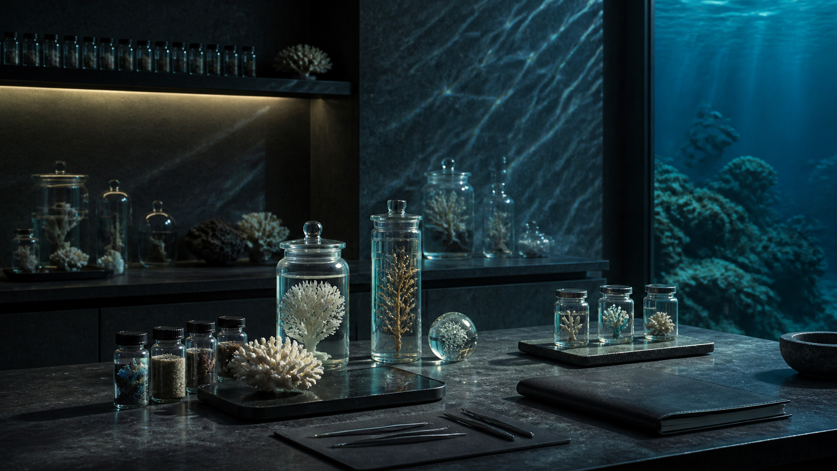Dark conservation atelier with marine specimens in glass and ocean light.